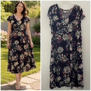 J. Jill Floral Midi Dress XL Purple Multicolor Pockets Modest Cottage Botanical